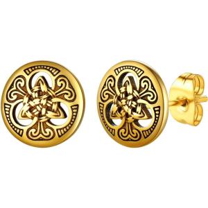 U7 Celtic Knot Earrings, Red or Black Crown Earrings Hypoallergenic Stainless Steel Ball Earrings,Screw Nail Earrings Black Earrings Stud Earrings for Men Women(Round Knot-gold)