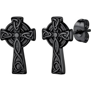 U7 Celtic Knot Earrings, Red or Black Crown Earrings Hypoallergenic Stainless Steel Ball Earrings,Screw Nail Earrings Black Earrings Stud Earrings for Men Women(Celtic cross-black)