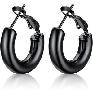 U7 Chunky Hoop Earrings for Women, Stainless Steel Hoops Earring, Classic Polished Thick Ear Jewelry, Black/Silver/Gold Hoop Earrings, 20/30/40/60/80mm(1.Black)