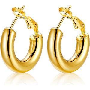 U7 Chunky Hoop Earrings for Women, Stainless Steel Hoops Earring, Classic Polished Thick Ear Jewelry, Black/Silver/Gold Hoop Earrings, 20/30/40/60/80mm(1.Gold)