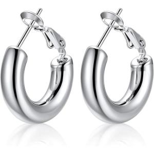 U7 Chunky Hoop Earrings for Women, Stainless Steel Hoops Earring, Classic Polished Thick Ear Jewelry, Black/Silver/Gold Hoop Earrings, 20/30/40/60/80mm(1.Silver)