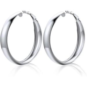 U7 Chunky Hoop Earrings for Women, Stainless Steel Hoops Earring, Classic Polished Thick Ear Jewelry, Black/Silver/Gold Hoop Earrings, 20/30/40/60/80mm(2.Silver)