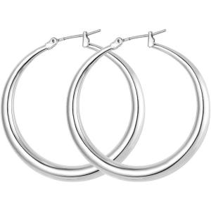 U7 Chunky Hoop Earrings for Women, Thick Gold Plated/Black Stainless Steel Hoops Earrings Statement Jewelry, 30/40/60/80mm(2.Silver)