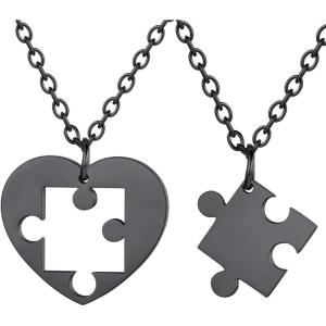 U7 Couple Necklaces for Women Men,Stainless Steel/Black/18K Gold Plated Puzzle Piece Pendant BFF Necklaces Gift(Basic-Black)