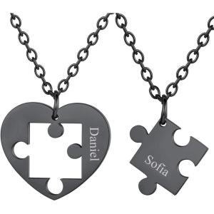 U7 Couple Necklaces for Women Men,Stainless Steel/Black/18K Gold Plated Puzzle Piece Pendant BFF Necklaces Gift(Custom-Black)