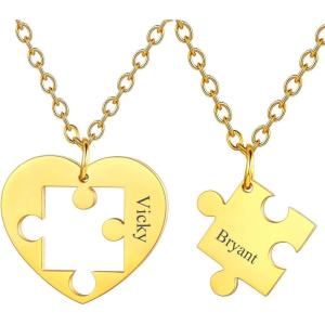 U7 Couple Necklaces for Women Men,Stainless Steel/Black/18K Gold Plated Puzzle Piece Pendant BFF Necklaces Gift(Custom-Gold)