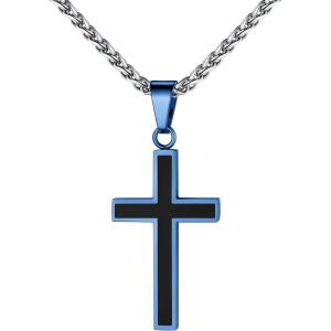 U7 Cross Necklace for Men, Stainless Steel Silver Black Gold Mens Cross Necklace, 22-24 Inches(1.blue)