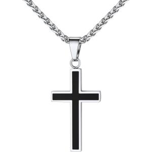 U7 Cross Necklace for Men, Stainless Steel Silver Black Gold Mens Cross Necklace, 22-24 Inches(1.silver)