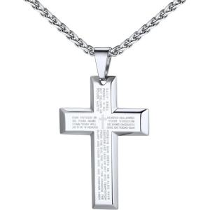 U7 Cross Necklace for Men, Stainless Steel Silver Black Gold Mens Cross Necklace, 22-24 Inches(2.silver)