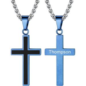 U7 Cross Necklace for Men, Stainless Steel Silver Black Gold Mens Cross Necklace, 22-24 Inches(3.blue custom)