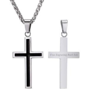U7 Cross Necklace for Men, Stainless Steel Silver Black Gold Mens Cross Necklace, 22-24 Inches(3.silver custom)