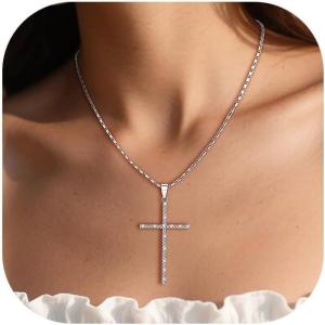 U7 Cross Necklace for Women,Silver/14K Gold Large or Small Cross Necklaces with CZ Diamond,Faith Birthday/Christmas Gift for Her Women Mother Daughter Grandmother(2.Large CZ Cross-Silver (no card))