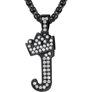 U7 Crown Initial Necklace Men Women, Bling Diamond A-Z 0-9 Letter Pendant with Wheat Chain, Silver/Black/Gold Plated CZ Alphabet Number Hip Hop Jersery for Father Husband(c. Black)