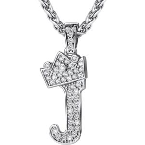 U7 Crown Initial Necklace Men Women, Bling Diamond A-Z 0-9 Letter Pendant with Wheat Chain, Silver/Black/Gold Plated CZ Alphabet Number Hip Hop Jersery for Father Husband(b. Steel)