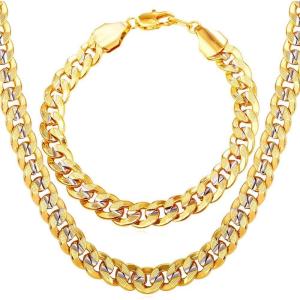 U7 Cuban Link Chain Necklace, Stainless Steel/Black/Gold Plated Chunky Curb Chain Necklace for Men Women, 14-30 Inches, 3/6/9/12 mm Width(m. 10mm Gold & Platinum)