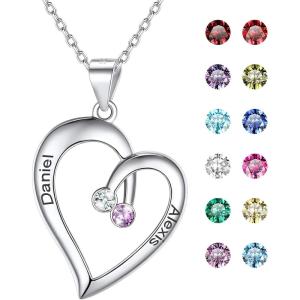 U7 Custom Name Necklace Heart Pendant with 1-5 Names and Birthstone 925 Sterling Silver 18K Gold Plated Personalized Name Plate Birth Stone Necklaces BFF Family Necklace(C:Sterling Silver-2 Names&Stones)