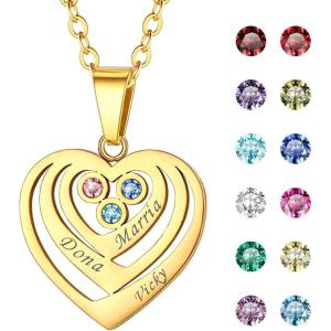 U7 Custom Name Necklace Heart Pendant with 1-5 Names and Birthstone 925 Sterling Silver 18K Gold Plated Personalized Name Plate Birth Stone Necklaces BFF Family Necklace(A:Gold Plated Sterling Silver-3 Names&Stones)