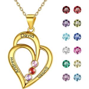 U7 Custom Name Necklace Heart Pendant with 1-5 Names and Birthstone 925 Sterling Silver 18K Gold Plated Personalized Name Plate Birth Stone Necklaces BFF Family Necklace(C:Gold Plated Sterling Silver-3 Names&Stones)