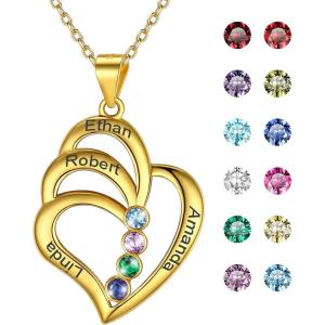 U7 Custom Name Necklace Heart Pendant with 1-5 Names and Birthstone 925 Sterling Silver 18K Gold Plated Personalized Name Plate Birth Stone Necklaces BFF Family Necklace(C:Gold Plated Sterling Silver-4 Names&Stones)
