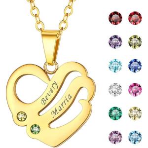 U7 Custom Name Necklace Heart Pendant with 1-5 Names and Birthstone 925 Sterling Silver 18K Gold Plated Personalized Name Plate Birth Stone Necklaces BFF Family Necklace(B:Gold Plated Sterling Silver-2 Names&Stones)