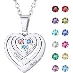 U7 Custom Name Necklace Heart Pendant with 1-5 Names and Birthstone 925 Sterling Silver 18K Gold Plated Personalized Name Plate Birth Stone Necklaces BFF Family Necklace(A:Sterling Silver-3 Names&Stones)