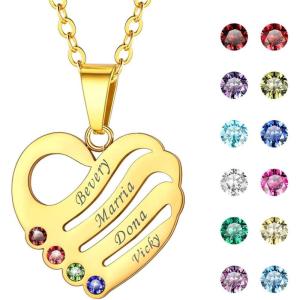 U7 Custom Name Necklace Heart Pendant with 1-5 Names and Birthstone 925 Sterling Silver 18K Gold Plated Personalized Name Plate Birth Stone Necklaces BFF Family Necklace(B:Gold-4 Names&Stones)