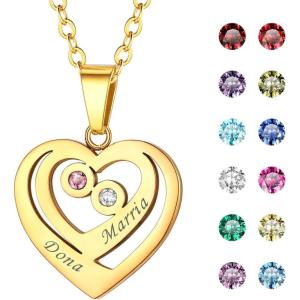 U7 Custom Name Necklace Heart Pendant with 1-5 Names and Birthstone 925 Sterling Silver 18K Gold Plated Personalized Name Plate Birth Stone Necklaces BFF Family Necklace(A:Gold Plated Sterling Silver-2 Names&Stones)