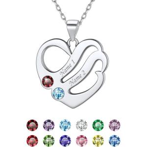 U7 Custom Name Necklace Heart Pendant with 1-5 Names and Birthstone 925 Sterling Silver 18K Gold Plated Personalized Name Plate Birth Stone Necklaces BFF Family Necklace(B:Stainless-2 Names&Stones)