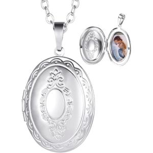 U7 Custom Photo Locket Necklace – Oval & Heart Shaped Locket – Gold/Silver/Rose Gold Personalized Image Necklaces for Women(01-Oval Platinum)