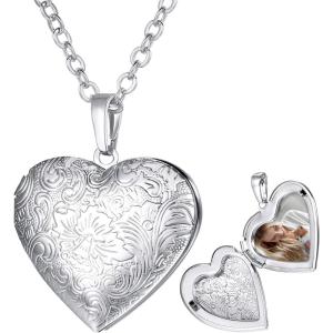 U7 Custom Photo Locket Necklace – Oval & Heart Shaped Locket – Gold/Silver/Rose Gold Personalized Image Necklaces for Women(02-Platinum Flower Heart)