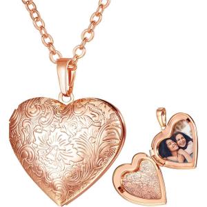 U7 Custom Photo Locket Necklace – Oval & Heart Shaped Locket – Gold/Silver/Rose Gold Personalized Image Necklaces for Women(02-Rose Gold Flower Heart)