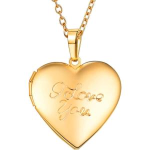 U7 Custom Photo Locket Necklace – Oval & Heart Shaped Locket – Gold/Silver/Rose Gold Personalized Image Necklaces for Women(03-Gold I Love You)