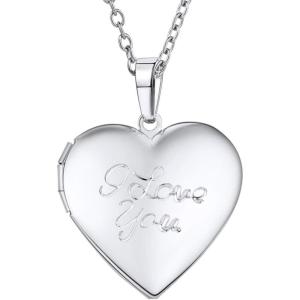 U7 Custom Photo Locket Necklace – Oval & Heart Shaped Locket – Gold/Silver/Rose Gold Personalized Image Necklaces for Women(03-Platinum I Love You)