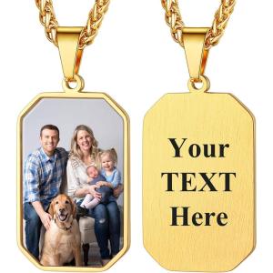 U7 Custom Photo Necklace Men Women Personalized Jewelry Customized Any Picture Pendant Stainless Steel Chain 18-30 Inch Tennis Necklaces, Mothers or Lover Gift(12-octagon dog tags gold)