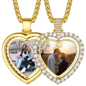 U7 Custom Photo Necklace Men Women Personalized Jewelry Customized Any Picture Pendant Stainless Steel Chain 18-30 Inch Tennis Necklaces, Mothers or Lover Gift(13-CZ heart gold(both sides photo))
