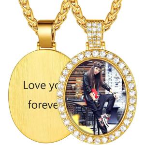 U7 Custom Photo Necklace Men Women Personalized Jewelry Customized Any Picture Pendant Stainless Steel Chain 18-30 Inch Tennis Necklaces, Mothers or Lover Gift(03-CZ Oval gold)