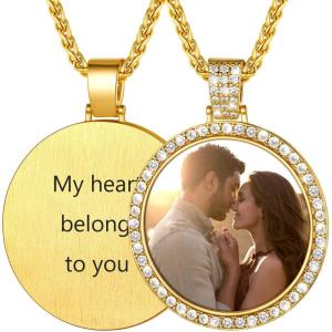 U7 Custom Photo Necklace Men Women Personalized Jewelry Customized Any Picture Pendant Stainless Steel Chain 18-30 Inch Tennis Necklaces, Mothers or Lover Gift(02-CZ Round-gold(big 45mm))