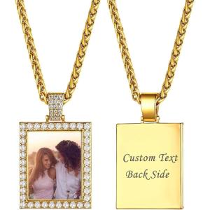 U7 Custom Photo Necklace Men Women Personalized Jewelry Customized Any Picture Pendant Stainless Steel Chain 18-30 Inch Tennis Necklaces, Mothers or Lover Gift(04-CZ Square-gold plated)