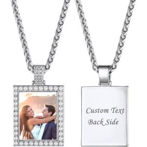 U7 Custom Photo Necklace Men Women Personalized Jewelry Customized Any Picture Pendant Stainless Steel Chain 18-30 Inch Tennis Necklaces, Mothers or Lover Gift(04-CZ Square-stainless steel)