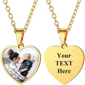 U7 Custom Photo Necklace Men Women Personalized Jewelry Customized Any Picture Pendant Stainless Steel Chain 18-30 Inch Tennis Necklaces, Mothers or Lover Gift(10-heart gold)