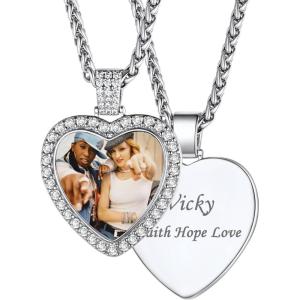U7 Custom Photo Necklace Men Women Personalized Jewelry Customized Any Picture Pendant Stainless Steel Chain 18-30 Inch Tennis Necklaces, Mothers or Lover Gift(03-CZ Heart-stainless steel)