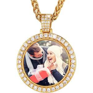 U7 Custom Photo Necklace Men Women Personalized Jewelry Customized Any Picture Pendant Stainless Steel Chain 18-30 Inch Tennis Necklaces, Mothers or Lover Gift(01-CZ Round-gold(medium 33mm))