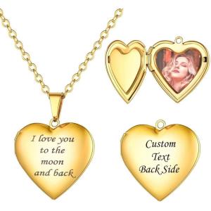 U7 Custom Photo Necklace Men Women Personalized Jewelry Customized Any Picture Pendant Stainless Steel Chain 18-30 Inch Tennis Necklaces, Mothers or Lover Gift(16-Moon back locket/gold)