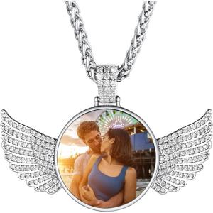 U7 Custom Photo Necklace Men Women Personalized Jewelry Customized Any Picture Pendant Stainless Steel Chain 18-30 Inch Tennis Necklaces, Mothers or Lover Gift(04-CZ Angel Wing stainless)