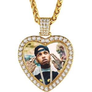 U7 Custom Photo Necklace Men Women Personalized Jewelry Customized Any Picture Pendant Stainless Steel Chain 18-30 Inch Tennis Necklaces, Mothers or Lover Gift(03-CZ Heart-gold plated)