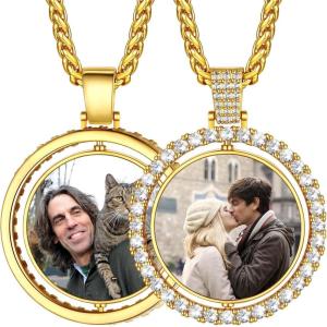 U7 Custom Photo Necklace Men Women Personalized Jewelry Customized Any Picture Pendant Stainless Steel Chain 18-30 Inch Tennis Necklaces, Mothers or Lover Gift(14-cz round gold(both sides photos))