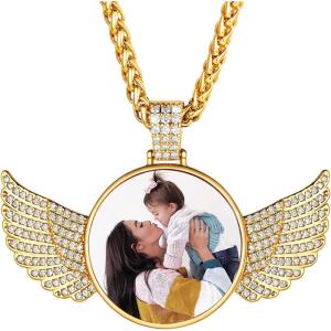 U7 Custom Photo Necklace Men Women Personalized Jewelry Customized Any Picture Pendant Stainless Steel Chain 18-30 Inch Tennis Necklaces, Mothers or Lover Gift(04-CZ Angel Wing gold)
