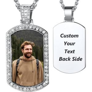 U7 Custom Photo Necklace for Men Women, Stainless Steel Black Gold Color Dog Tag – Personalized Text Engraved Memory Heart/Round Square Shaped Picture Pendant Necklaces Lover Gift Mothers Fathers Day(09.CZ Dog Tag(stainless))