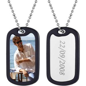 U7 Custom Photo Necklace for Men Women, Stainless Steel Black Gold Color Dog Tag – Personalized Text Engraved Memory Heart/Round Square Shaped Picture Pendant Necklaces Lover Gift Mothers Fathers Day(05.Dog Tag(stainless)+silicone silencer)