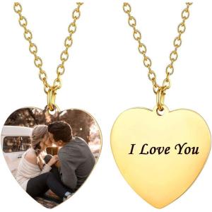U7 Custom Photo Necklace for Men Women, Stainless Steel Black Gold Color Dog Tag – Personalized Text Engraved Memory Heart/Round Square Shaped Picture Pendant Necklaces Lover Gift Mothers Fathers Day(13.Heart(gold))